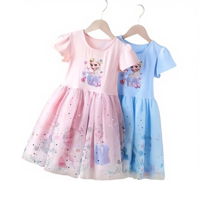 Mädchen Kinder Baby Sommer Shirtkleid Eiskönigin Frozen Elsa Tüll Tutukleider