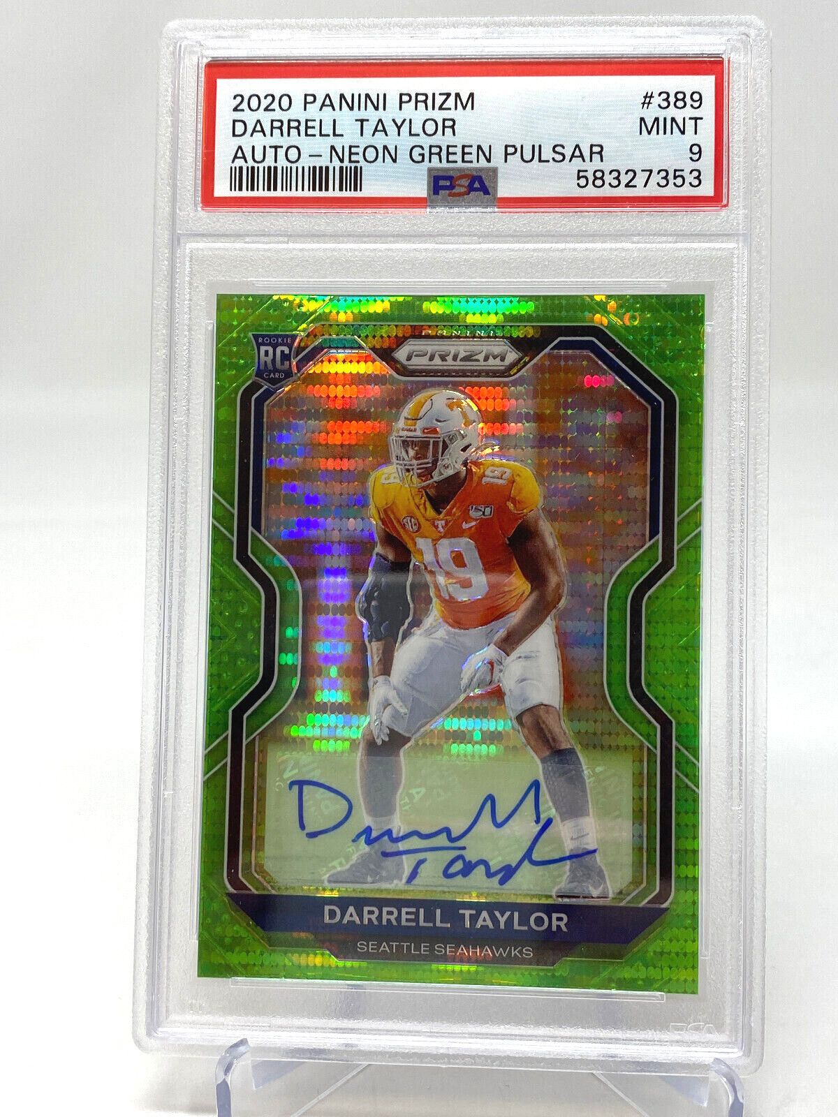 2020 Panini Prizm #389 Darrell Taylor Auto Neon Green Pulsar PSA 9 Rookie Card view 8