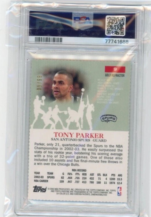 2003-04 Topps Pristine Basketball Gold Refractor #9 Tony Parker No 8 of 99 PSA 8 - Image 2 of 2