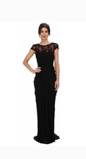 Adrianna Papell Long Black Ruched Cap Sleeve Evening Gown W Lace Low Back Sz 8