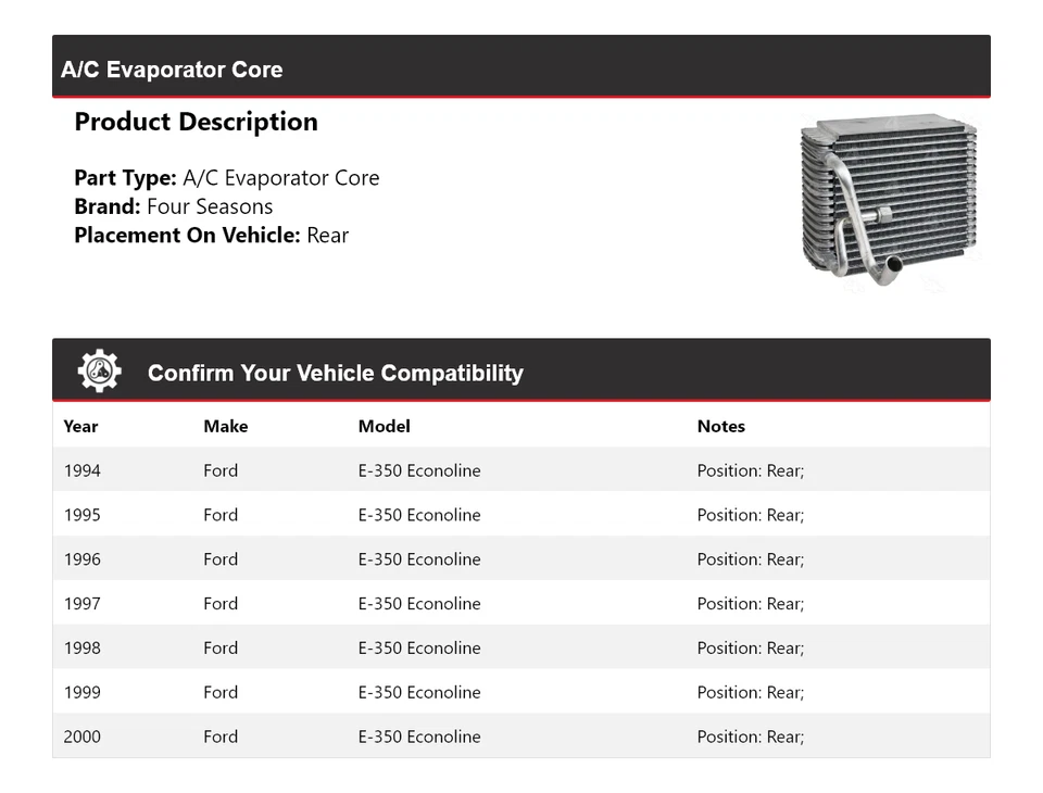 Núcleo evaporador trasero 4 estaciones 1995 1996 Ford E-350 Econoline 1994-2000 Foto 2 de 4