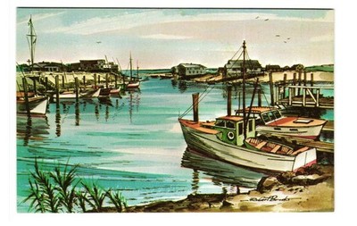 Picturesque Barnstable Harbor Cape Cod artist Robert Brooks VTG postcard Unp