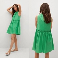 Mango Women's Babydoll Mini Dress Gathered Ruffle Detail Cotton Green Size XS