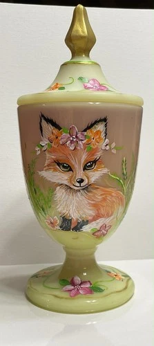 Fenton Burmese Glass Lovely Candy Jar Fox & Hummingbird  Designs Rachelle   OOAK