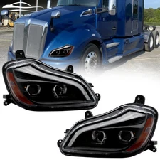 For Kenworth T680 2013-2021 Driver Passenger Headlights Headlamp LED Black