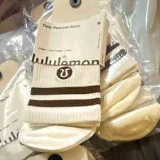 Lululemon Daily Essential Crew Socks White/Brown Striped Logo Women  s M 3 Pair