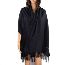 Black Cashmere Label Pashmina Wrap Scarf Shawl Fringe Oversized 76x26 Womens