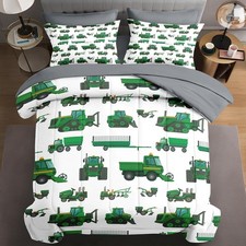 5 Pcs Twin Size Comforter Set with Pillowcase Sham, Green Tractor Vehicle B...