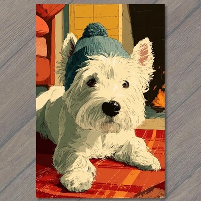 Art Print Westie Winter Beanie Fireside Cozy Plaid Blanket Puppy Portrait