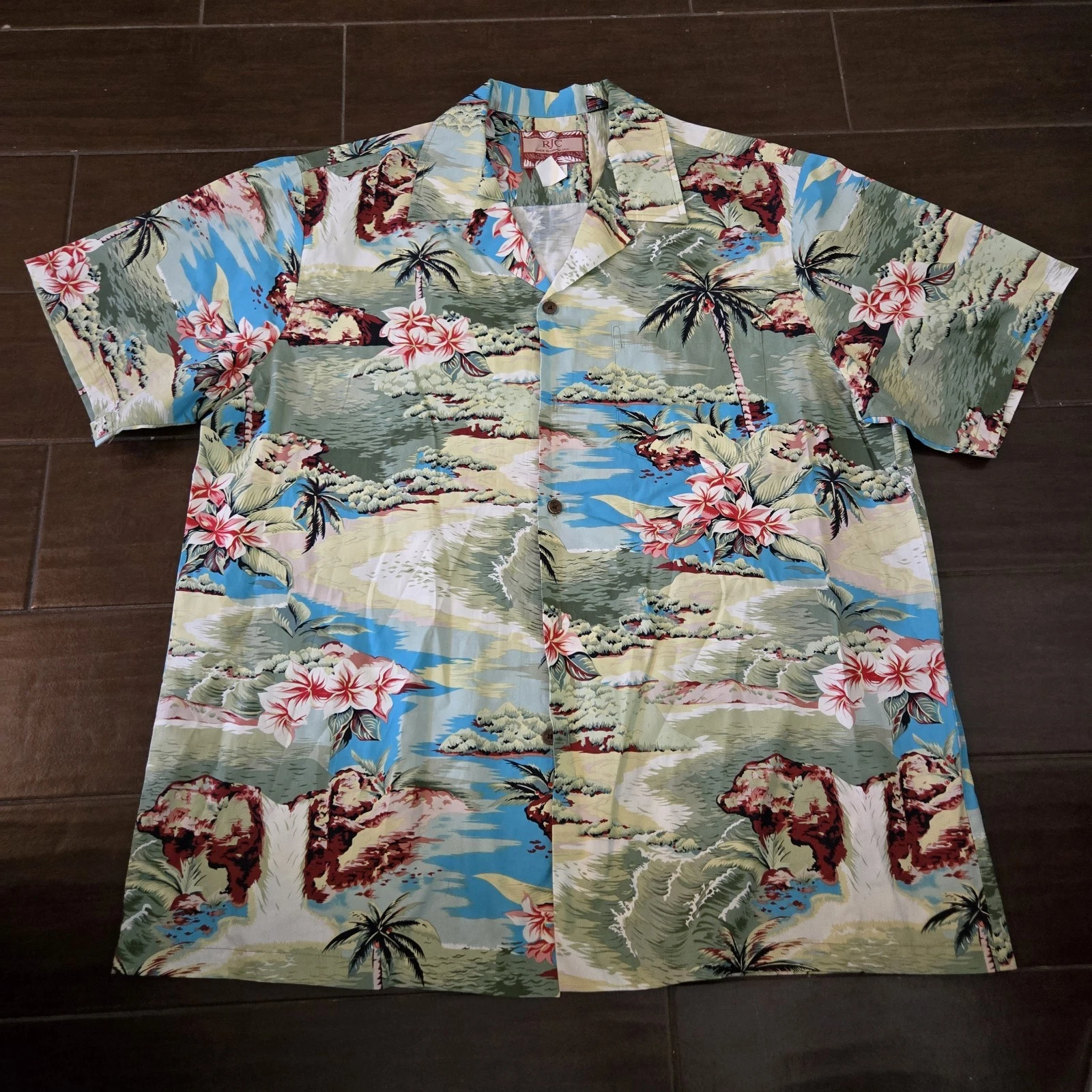 RJC Hawaiian Shirt Size X Large Button Up Short Sleeves Tropical Palm Tree USA