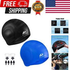 2 Pack Unisex Swim Caps with 3D Ear Protection, Durable Flexible Silicone Swi...