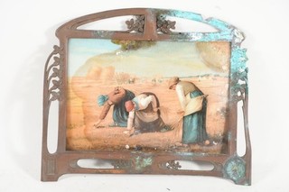 C65V10 Art Nouveau copper frame with lithograph Back Glass Picture The Ear Readers