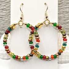 Large Big Hoop Glass Bead Earrings Red Gold Green Bronze Hoops Bohiemian Boho 