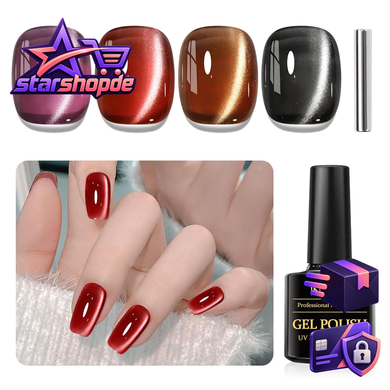 UV Nagellack Cat Eye Rot Schwarz Gellack mit Kristallen für Gelnägel Set 0,008 L