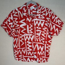 Vintage Button Up Shirt Women's 16 L Red Abstract Print Short Sleeve Beach