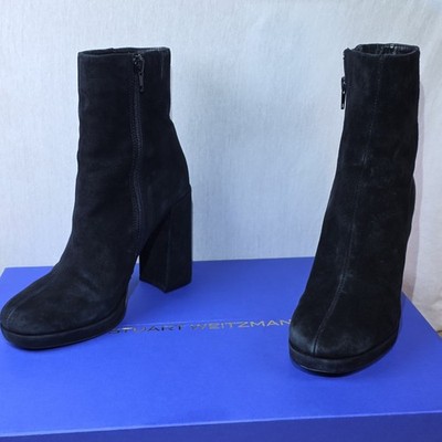 Stuart Weitzman Womens 7 M Black Suede Ankle Bootie Round Toe Zip Block Heel