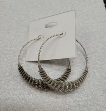 Large Silver-Toned Hoop Earrings, Intricate Wire-Wrapped Design