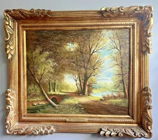Landscape VTG OLD Framed Oil Painting Shade of Tree In Autumn H. Evan Sanders