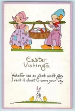 Easter Postcard Vishings Dutch Kids Carried Eggs On Basket Embossed Webster SD