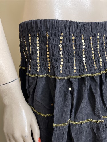 Women’s Black Cotton Casual Boho Beaded Ruffle Hippie Velvet Size S Skirt - Picture 5 of 11