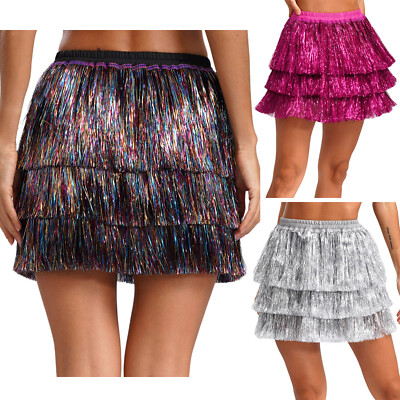 Womens Glitter Layered Fringe Skirts Sparkly Tassel Elastic