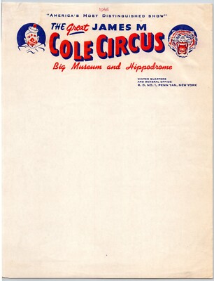 The Great James M Cole Circus Letterhead Unused Clown Tiger c1946