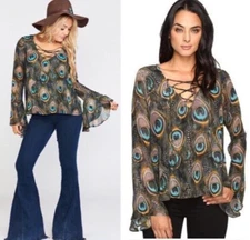 SHOW ME YOUR MUMU Sz M The Zuko Top Sheer Peacock Feather Lace-Up Bell Sleeve