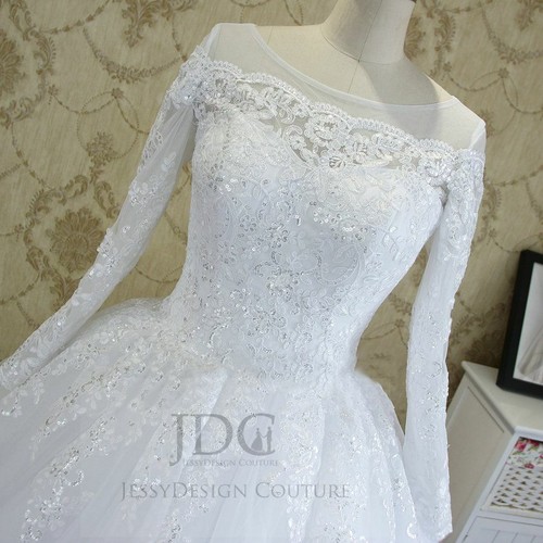 Pompöses Spitze Brautkleid Hochzeitskleid Pailletten Top Qualität Weiß m.Ärmel - Bild 4 von 6