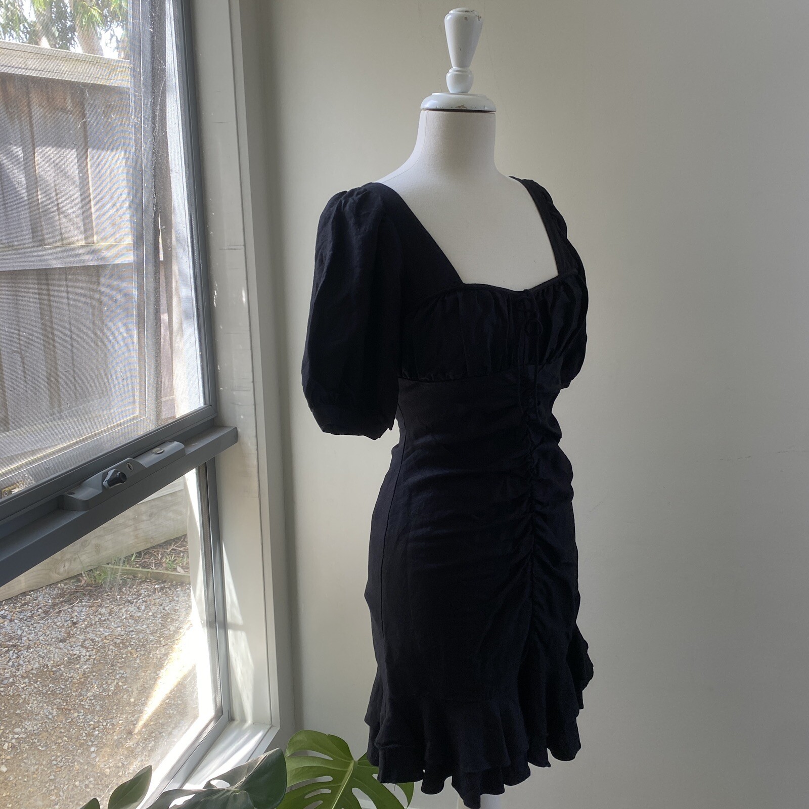 Seed Heritage Size 8 Frill Hem Linen Viscose Blend Mini Dress Black Sweetheart