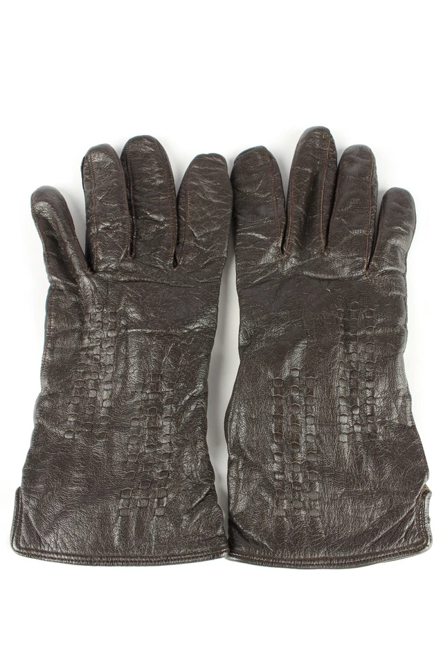 Leather Gloves Lined Vintage Mens Stitch Pattern 90s Retro Size Black - G314