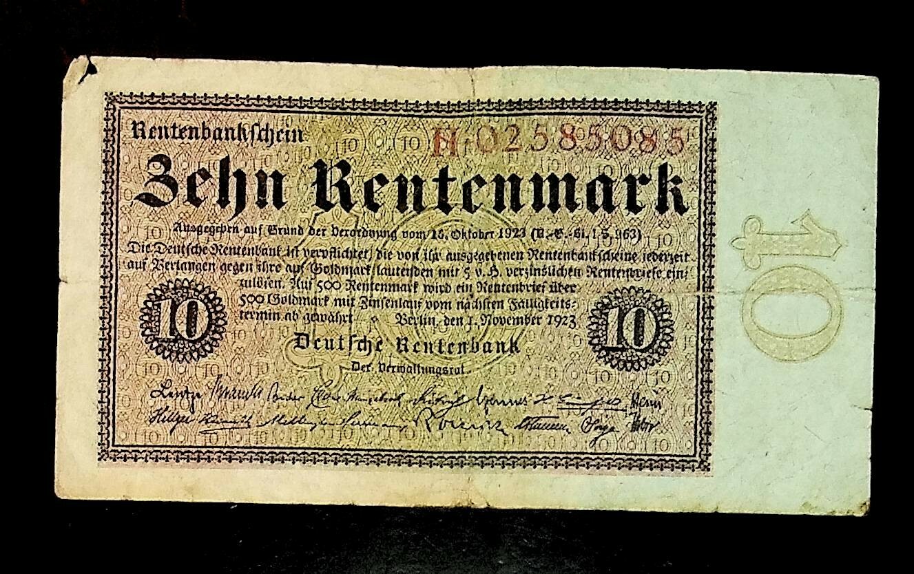 1923 Germany 10 Rentenmark Banknote