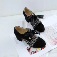 Women Brogue Round Toe Oxford Lace Up Pump Block Mid Heel Bowknot Shoes Oversize