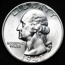 UNCIRCULATED UNC MS 1945 WASHINGTON SILVER QUARTER FREE SHIPPING