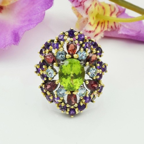 Natural Peridot 925 Sterling Silver Multi Gemstone Cluster Ring Wedding Jewelry - Picture 5 of 6