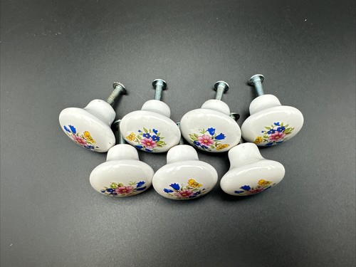 Porcelain Ceramic Floral Cabinet Knobs-7 Drawer Pull Handles White w/Flowers Lot - Picture 4 of 5
