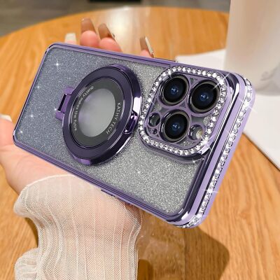 For iPhone 16 15 14 13 Pro Max Diamond Camera Glitter Case Magnetic Ring Stand