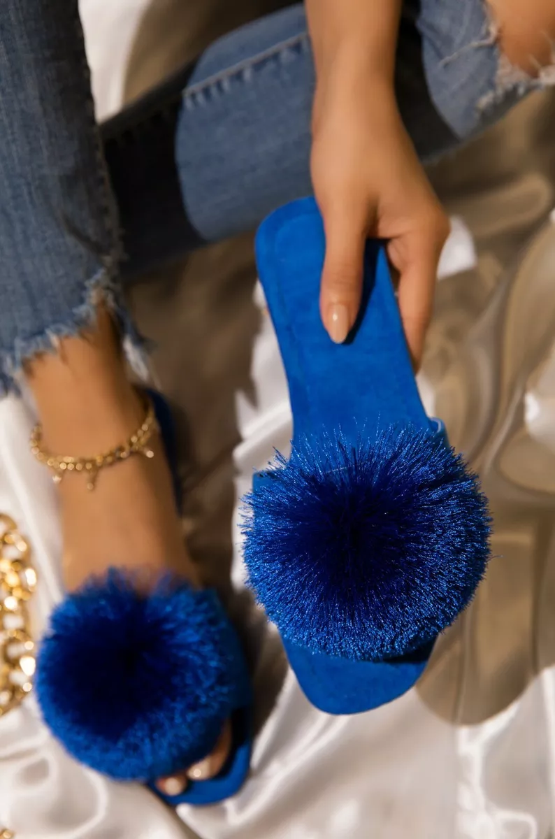 New Women s Open Toe Pom Pom Flat Sandal Slides Shoes Flip Flops
