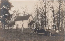 Americana RPPC Postcard Family Loaded into Antique Car + Hammock + Old House 