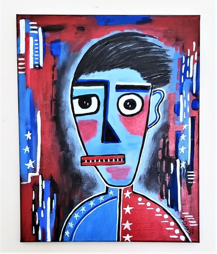A.Z. Davis Painting Abstract Modern Pop Art Street Folk Art Man Blue 20" x 16" - Picture 2 of 4