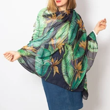 Hand Painted Silk Scarf Bird of Paradise Strelitzia Black Silk Chiffon Shawl