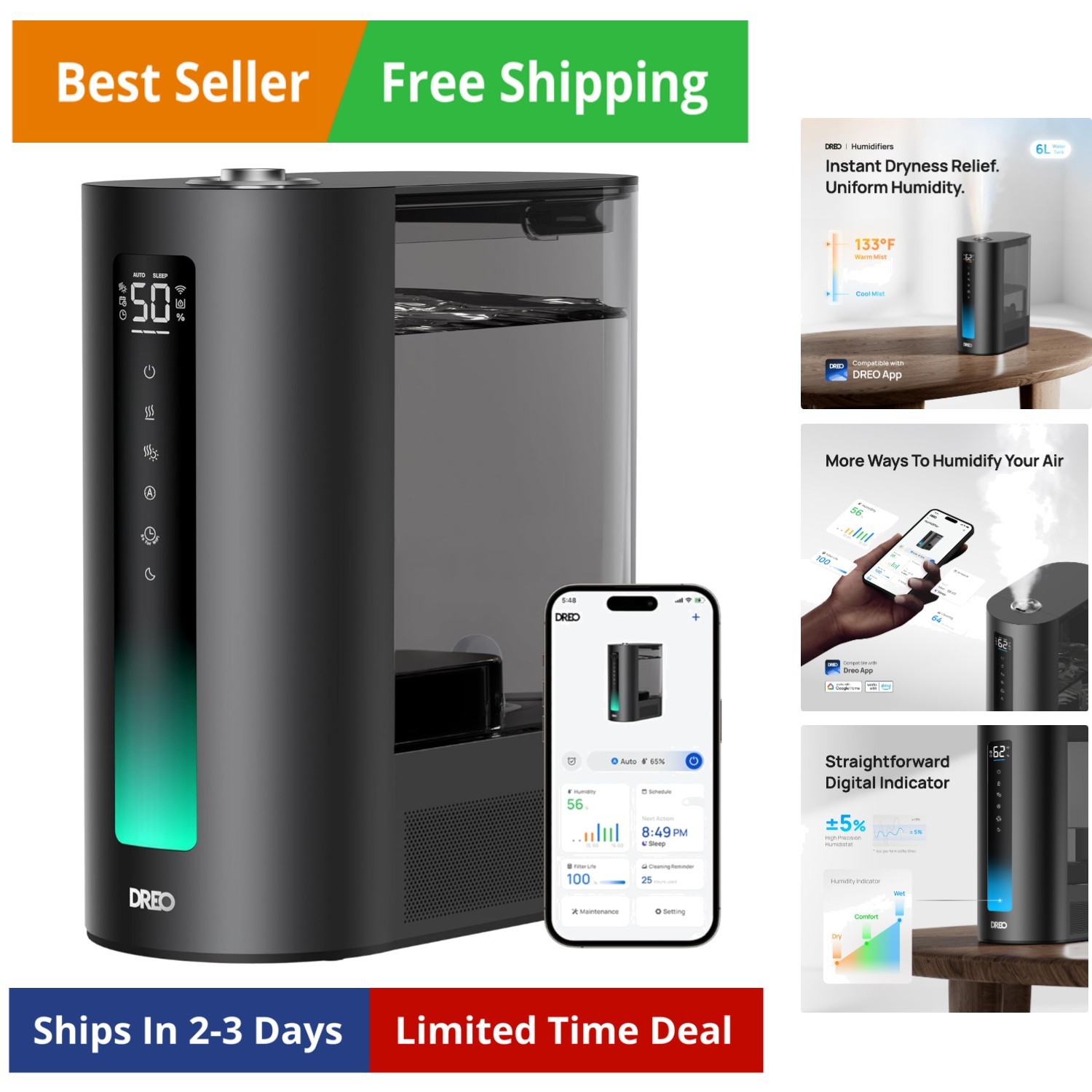S For Bedroom, Smart Warm & Cool Mist For Large Room, 60hr Q