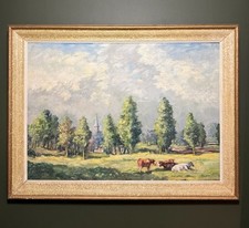Vintage Large Signed Impressionist Oil Painting Of Cows On A Field