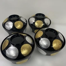 Lacquerware Bowl Set 4, Black, Gold Silver Large Round Pattern Used