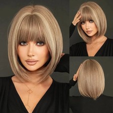 Short Bob Wig Brown Blonde Straight Full Head Fashion Human Hair Wigs12in