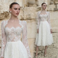 Vintage Short Wedding Dresses Strapless Long Sleeves Calf Length Bridal Gowns