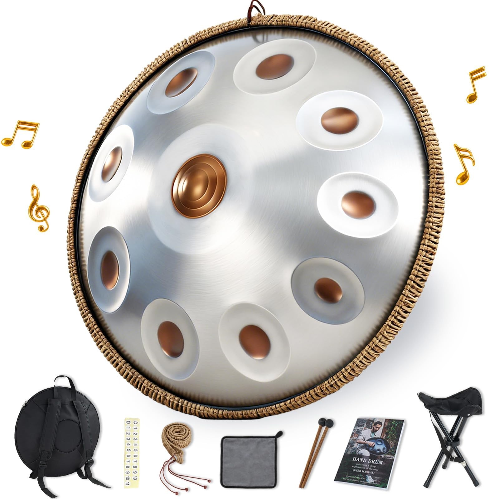 Handpan Drum 22 Inch, 10 Notes Triple-topped Hand Drum Instrument, 432Hz D
