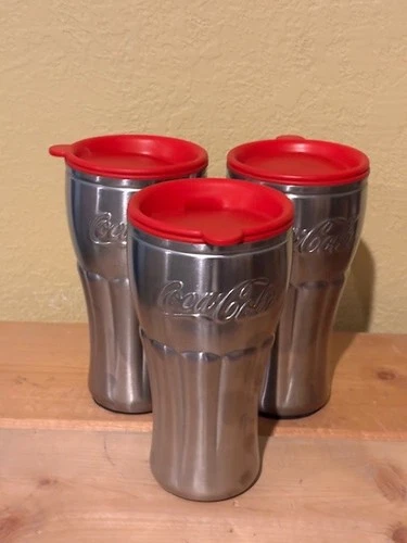 COCA-COLA COKE STAINLESS VINTAGE THERMO SERV DRINKING TRAVEL MUG INSULATED X3
