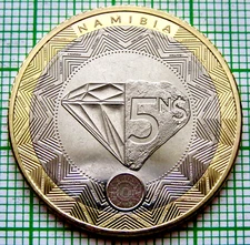 NAMIBIA 2025 5 Dollars, Coat of Arms & Rough / Polished Diamond, Bi-metallic UNC