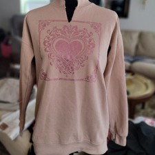 Abercrombie Kids Tan Pink Glitter Heart Graphic Fleece Sweatshirt Girls 15/16