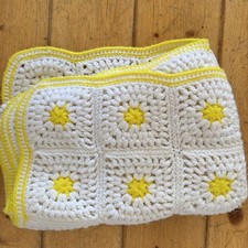 Handmade Crochet Granny Square Yellow White Baby Blanket 32  X 39  